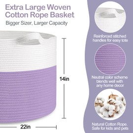 MEGASKET Large Purple Rope Storage Basket, 22x14 Inches Wicker Woven Baskets for Storage, Baby Laundry Basket, Blanket Toy Bin Organizer, Living Room Decor, Towel Basket, Big Basket for Gifts Empty