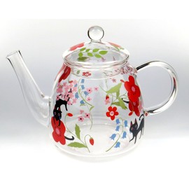 NEKO NKH-1009 Heat-Resistant Glass Pot, Approx. 17.9 fl oz (530 ml), Includes Tea Strainer, Flowers, Cats, Cute, Gift, White Day, Birthday Gift, For Human Use
