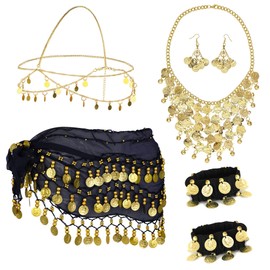 SHOWHEEL Women's Belly Dance Accessories, Belly Dance Hip Scarf with Gold Coins, Earrings, Necklace, Bracelets and Headpiece, Jewellery Set, Belly Dance, Belly Dance Costume for Carnival, Theme Party,