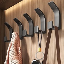 Modern Wall Hooks, Metal Coat Hangers, Set of 5, Black, Heavy-Duty