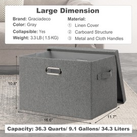 Graciadeco Large 17" 36 Quart Collapsible Stackable Storage Bins with Lids, 3 Packs Grey Linen Fabric Closet Boxes with Lids, Storage Cube Baskets Container Organizers for Bedroom Office(17 x12 x11)