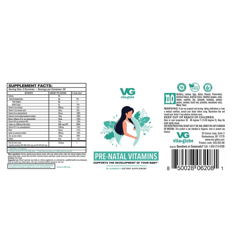 VITA GLOBE Prenatal Fish Oil Gummy Vitamins - Womens Multivitamin