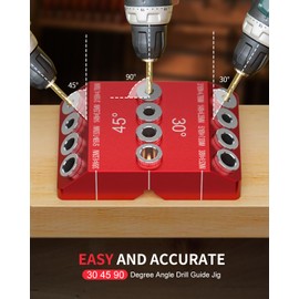 Kolvoii 30 45 90 Degree Angle Drill Guide Jig, Drill Jig for Angled Holes and Straight Hole with 4 Sizes Steel Drill Bits(Red)
