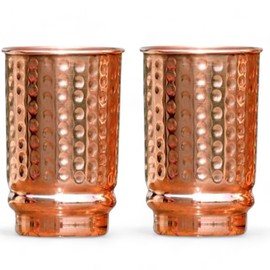HEALTHANDWEALTH Pure Copper Drinking Cups - Ayurvedic Health Copper Tumblers – 2 pcs. set -LACQUER Free (11.8 US Fl Oz) Traveller's Copper Cups for Ayurveda Health Benefits (Hammered)