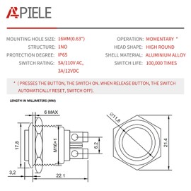 APIELE 16mm Momentary Push Button Switch High Round Cap Waterproof Aluminum Shell High Flush Screw Terminals 250V AC 5A 12V 36V DC 2A 1NO SPST (Green)