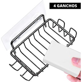 Timotech Jabonera para Pared de Baño con 4 Ganchos, Jabonera Autoadhesiva de Acero Inoxidable para Regadera, Sin Taladrar, Soporte de Jabón para Baño (Negro)