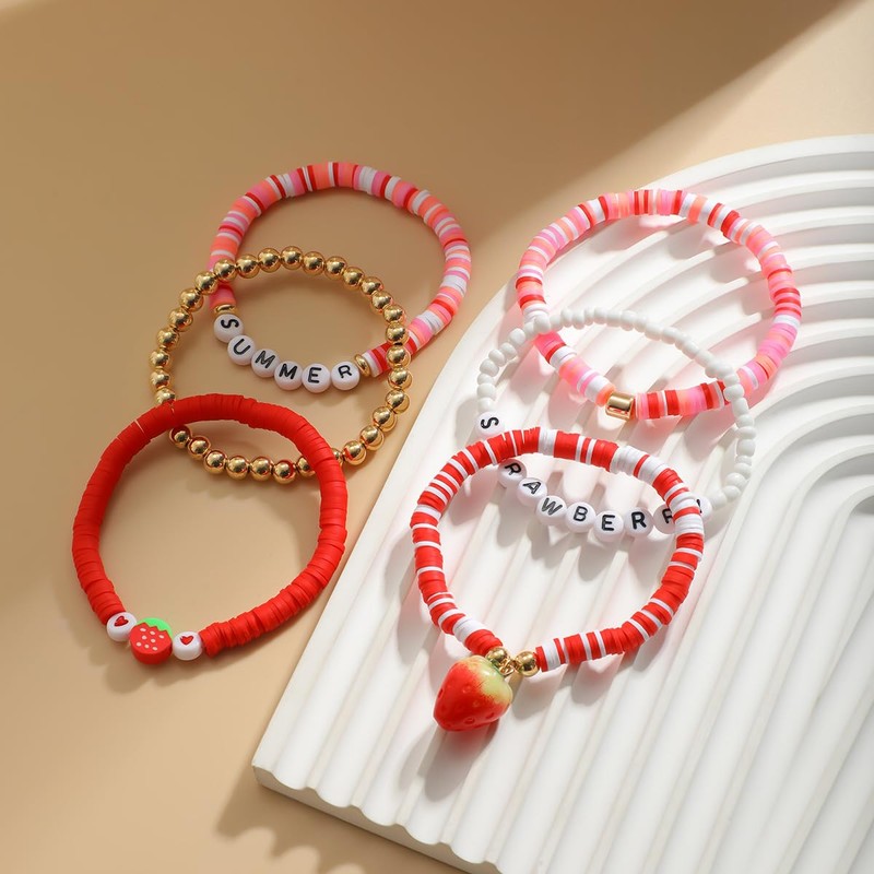 Yecomsy Strawberry Polymer Clay Stacktable Bracelets Colorful Strawberry Heishi Clay