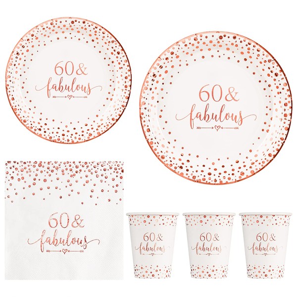 Crisky Rose Gold Foil 60 Fabulous Napkins Plates Cups Set for Women 60th Birthday Party Decorations Supplies, Disposable Tableware Set of 24 (9" Plates, 7" Plates, Luncheon Napkins, 9oz Cups)
