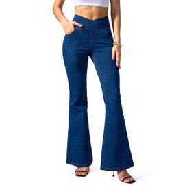 Rammus Flare Jeans for Women Crossover High Waisted Bell Bottom Jeans Trendy Yoga Pants Stretchy Flare Leggings with Pockets Medium Denim