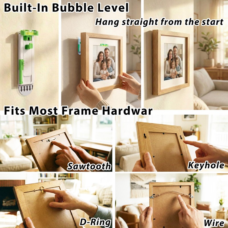 Damage Free Picture Hangers, No-Drill Adjustable Wall Hooks with Bubble