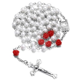 SZQCZB Rosary Beads Catholic Necklace Holy Soil Medal Cross Crucifix with Metal Box and 18pcs Prayer Cards-White