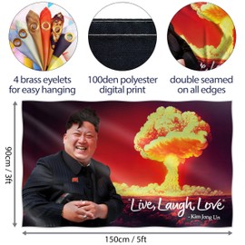 Kim Jong Un Live Laugh Love Flag (5ft x 3ft) – Funny Meme Flag for Bedroom or College Dorm – Nuclear Explosion Backdrop Banner with 4 brass holes – Digital Print - Double Seam