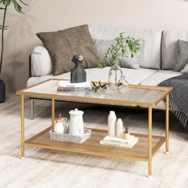Tangkula Glass Coffee Table, 2-Tier Rectangular Tempered Glass Center Table w/Metal Mesh Storage Shelf, Modern Accent Table with Gold Metal Frame for Living Room & Small Spaces (Gold, 35.5”L)