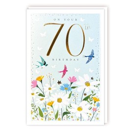 Tracks Publishing Female 70th Birthday Card - Happy Birthday Card Age 70 with Birds and Floral Meadow Design and Embossed Foil Details - Birthday Card for Women