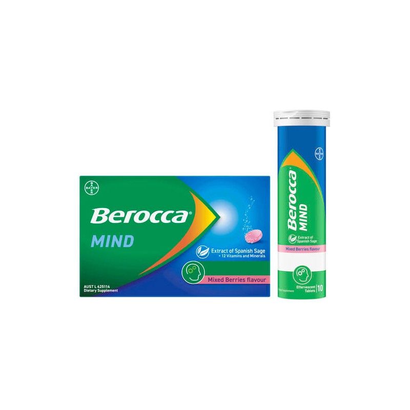 Berocca Mind Mixed Berries Effervescent Tablets, Vitamin B & C,