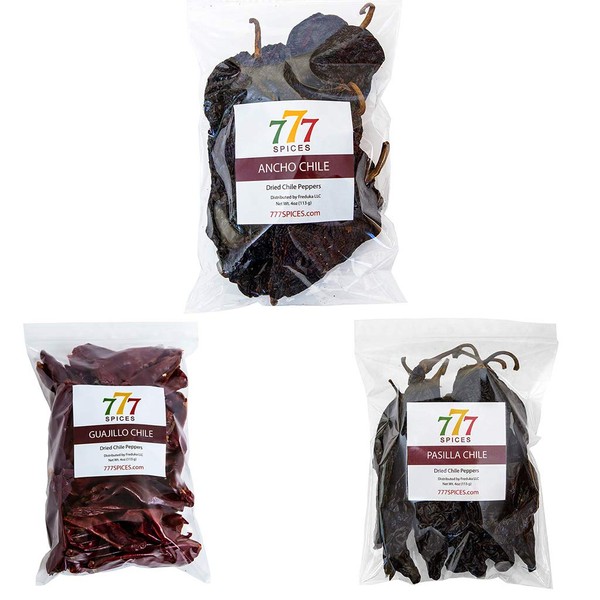 Mexican Chiles 3 Pack Guajillo, Ancho and Pasilla 4oz each, Natural Whole Dried Chili Peppers, Intense Taste and Flavor, 4 oz per Bag. Heat-Sealed Resealable Bag, Chile Seco
