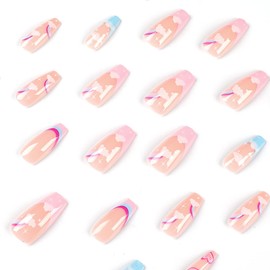 Coffin Press on Nails Long Fake Nails Pink French Tip Ballerina Acrylic Nails with Cute Designs 24pcs Glossy Glue on Nails for Women and Girls