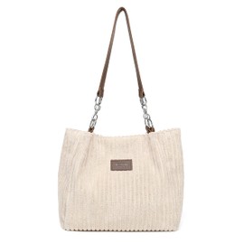 LOXOMU Women's Corduroy Tote Bag, Cute Shoulder Bag Large Hobo Handbag with Smooth Zip for Work & Everyday Use (Beige)