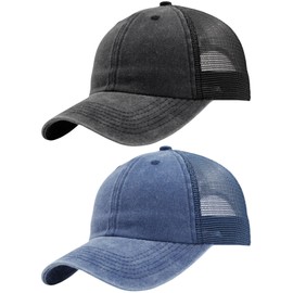 Vintage Washed Snapback Baseball Hat for Men Women, Unstructured Cotton Crown/Soft Mesh/Flexible Visor/Foldbale for Pocket, Black&navy, Medium-Large