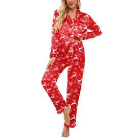 Ekouaer Womens Satin Pajama Set Classic Pattern Silky Pj Sets Button Down Sleepwear Loungewear,Red Christmas Elk,XX-Large