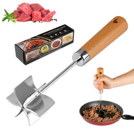 FIVETAS Stainless steel Meat Chopper, 6 Curve Blades Ground Beef Smasher,Potato Masher Utensil,Heat-Resistant Hamburger Meat Smasher,Heavy Duty Wooden Handle