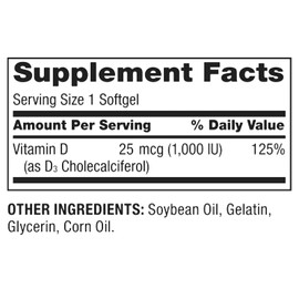 Spring Valley Vitamin D3 1000 IU 25 mcg, 200 Softgels  immune health  vitamina D3  Softgel 200