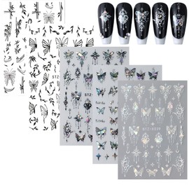 5Sheets Butterflies Nail Art Stickers,Rookii 3D Self-Adhesive Laser Line Bamboo Leaf Nail Decals Holographic Nail Stickers for Shiny Design Acrylic Nail Supplies DIY Decoration for Women Girls