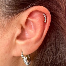 Designfy 14K White Gold Threadless Conch Earrings, Gold Threadless Cartilage Earrings Stud for Women 16g Flat Back Upper Helix Earrings Push in Tragus Earrings 8mm, White Gold, Cubic Zirconia