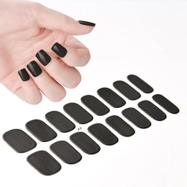 HYWWPFLAY Semi Cured Gel Nail Strips (Black), 16 PCS Gel Nail Stickers Need UV Light, Long Lasting, Easy to Use & Remove Salon-Quality Manicure Nail Wraps for Women