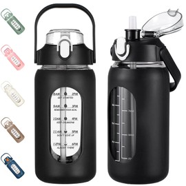 kytffu 42oz Glass Water Bottles with Straw, Motivational Glass Bottle with Silicone Sleeve and Time Marker, Leakproof Large Glass Water Jug for Gym Home Office,Black