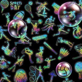 50 PCS Sports Holographic Stickers,DIY Decorative Resin Sticker for Adults Teens Kids,Transparent Laser Stickers for Water Bottle Laptop Scrapbook Journal Notebook (Sports)