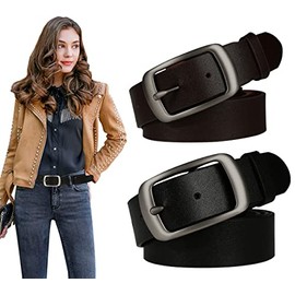 Ssumday Paquete de 2 cinturones de cuero color café negro para mujer, niña y mujer, para vaqueros, pantalones, vestidos, con hebilla de moda (RZKCC-XXL)