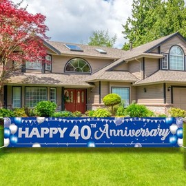 Happy 40th Anniversary Banner Sign - 9.8x1.6FT Large Outdoor Yard Party Decoration, Blue & Silver Backdrop for Men & Women.