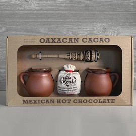 Hot Chocolate Lovers’ Gift Set by Verve CULTURE | Villa Real Hot Chocolate with Almonds + Wooden Molinillo Frother + 2 Handcrafted Mexican Clay Mugs | Small Set