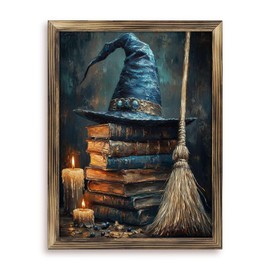 Rustic Long Wooden Framed Art " Witches Hat Rests on Ancient Books near Broom " Farmhouse Style Wall Decor Sign for Tabletop Or Hanging - Durable Handcrafted Wood Print - Home & Office Decoration