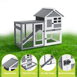 2-Tier Rabbit & Chicken House,Wooden Chicken Coop & Bunny Cage with Non-Slip Ramp, 4 Doors,Waterproof Roof & Pull-Out Tray,Outdoor/Indoor Pet Cage