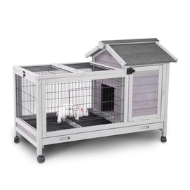 Aivituvin Wooden Rabbit Hutch with Removable Wire Floor Grid, Bunny Cage with Deeper Leakproof Tray 4 Wheels Include