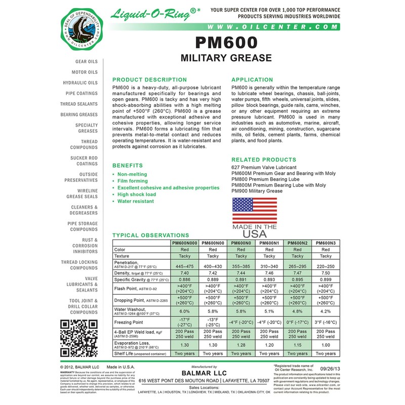 Liquid-O-Ring PM600 Multi-Purpose Grease for Bearings, Open Gears, and More