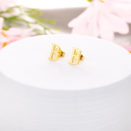 ELBLUVF 18k Silver Gold Plated Stainless-steel a Pair 26 Alphabet Letters Initials Stud Earrings For Women (Gold B)