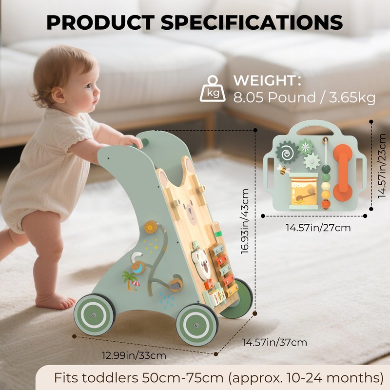 WOODMAM Wooden Baby Walker, Adjustable Speed Baby Push Walker for