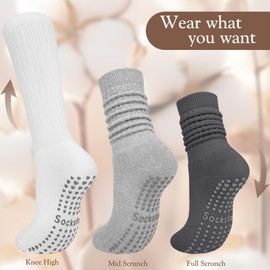 4 Pairs Grip Pilates Socks for Women, Yoga Scrunch Slouch Non Slip Long Socks with Grippy Pilates Barre Workout Slipper 5-9
