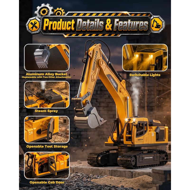LADFAR Remote Control Excavator Toy for Boys, 1:18 14-Channel RC