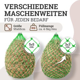 Esposita Large Hay Net for Horses, Hay Bag, Hay Net, Tight Mesh, 5 x 5 cm, Green with Rings and Carabiner Hook, Hay Net Horse Hay Bag for Horses
