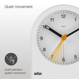 Braun classic analogue alarm clock with snooze and continuous backlight, quiet quartz movement, crescendo beep alarm in white, model BC22W