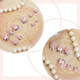 48Pcs Pink Press on Finger Toe Nails Set Square Short Fake Nails French Tip Press on Nails with Leopard Print Designs Cute 3D Bow Stick on Nails Holiday Acrylic Toe Nails DIY for Women Girls