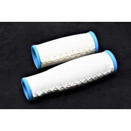 PAIR WHITE with BLUE “HAND STITCH LOOK” BIKE HANDLEBAR GRIPS 2 SIZES 90mm & 125mm for BICYCLES WITH GRIPSHIFT TYPE SHIFTERS ON ONE SIDE ONLY