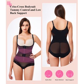 Nebility Shapewear Bodysuit Waist Trainer Open Bust Bodysuits for Women Tummy Control Criss-Cross Body Shaper(Black,Small)