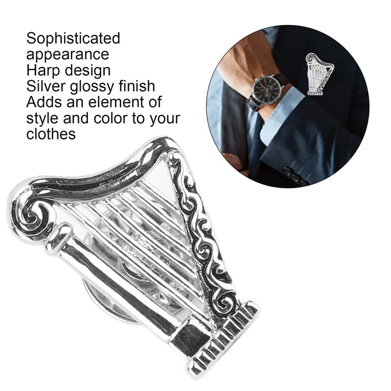 Harp Brooch Stylish Innovative Silver Glossy Finish Musical Instrument Brooch