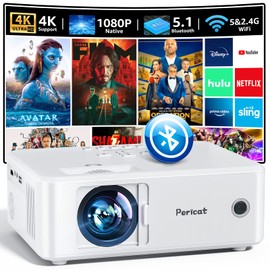 Projector with WiFi and Bluetooth, 5G WiFi Native 1080P Movie Projector, 13000L 4K Supported Portable Outdoor Projector, Pericat Home Theater Projector Compatible with TV Stick, Phone, Laptop