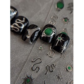 5D Embossed Silver Snake Nail Art Stickers Emerald Green Nail Stickers Self Adhesive Sun Star Nail Decals for Press on Nails Silver Nail Art Supplies for Women Girls Manicure
